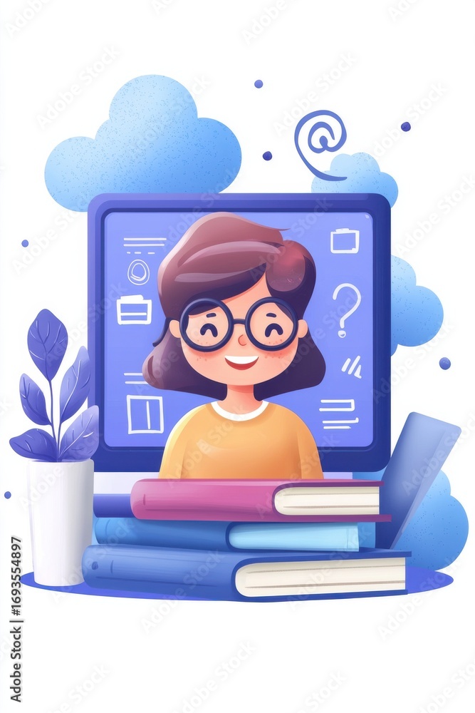 Poster illustrative design of online learning with books and user interface elements