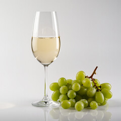 Delightful glass of white wine alongside a fresh bunch of green grapes