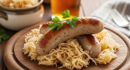 Delicious Grilled Sausages Served With Tangy Sauerkraut And Fresh Parsley Garnish