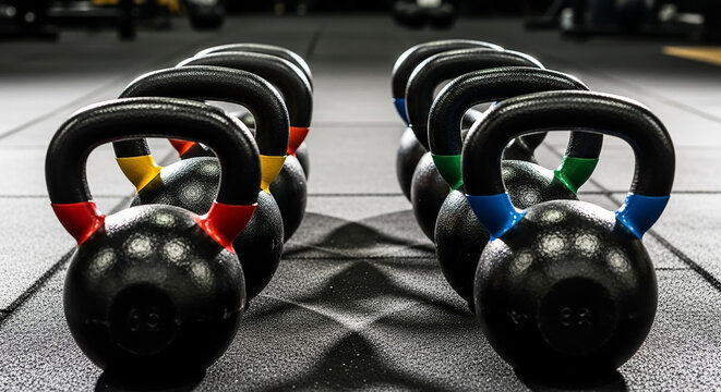 Kettlebells row in empty gym symbolizing strength training and fitness