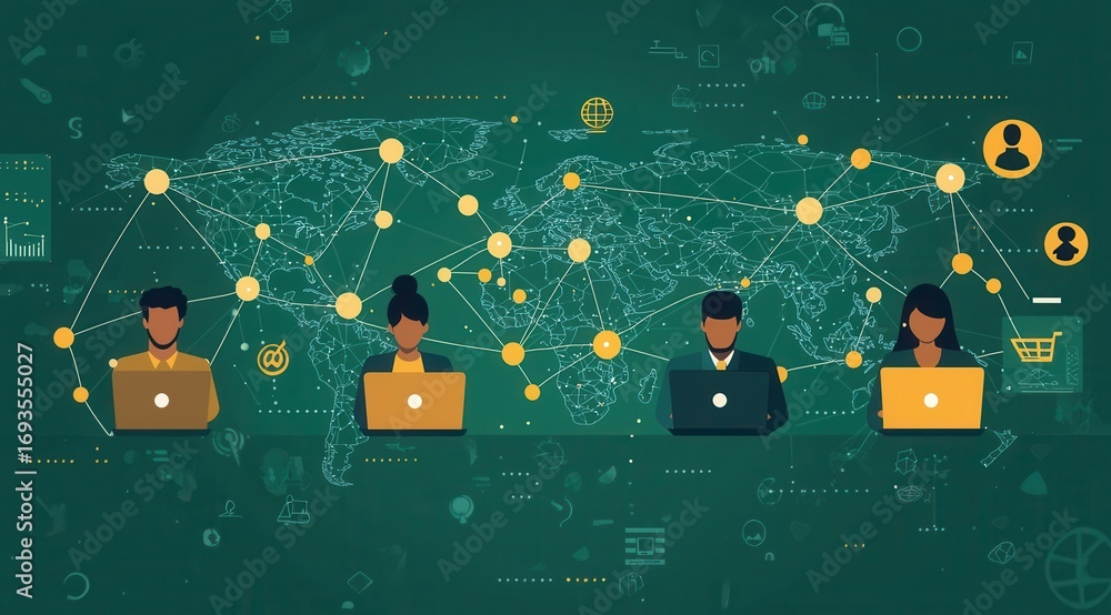 Poster global connection network visualized through diverse professionals collaborating online