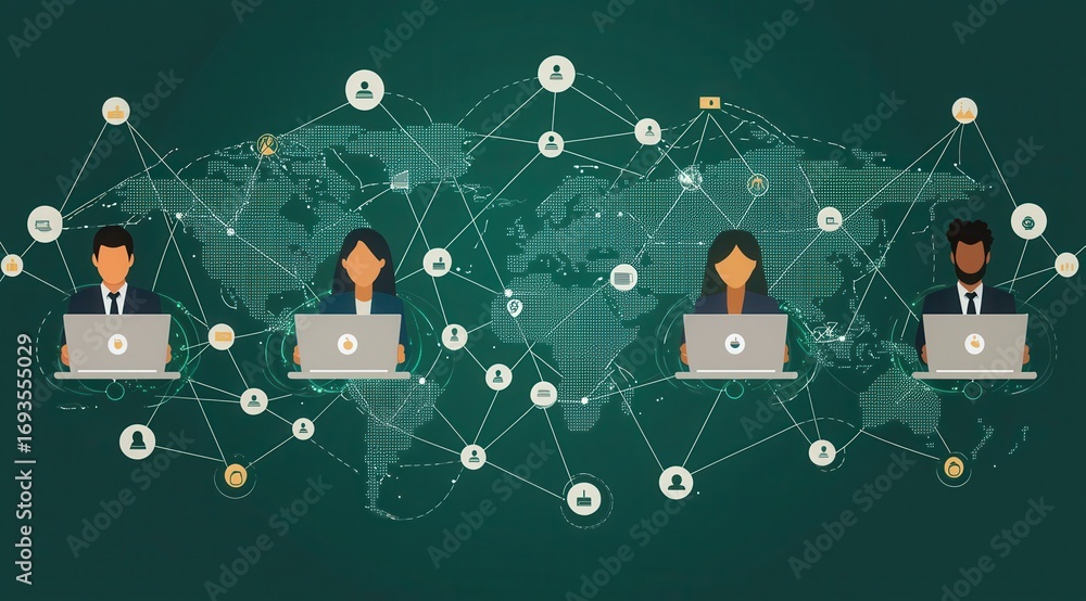 Poster global teamwork concept with diverse professionals working on interconnected laptops