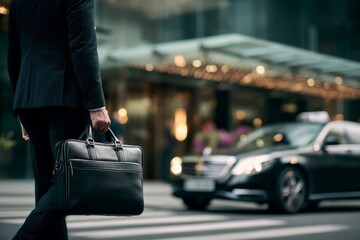 A professional hailing a taxi outside a modern hotel Documents peek out from their briefcase The mood feels dynamic and on the move, Generative AI
