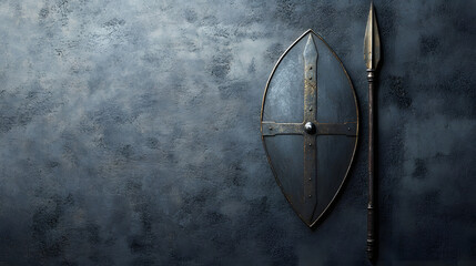 Medieval shield and spear on a black background. Historical background illustration for fantasy-themed designs.