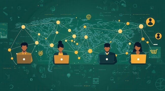 Global connection network visualized through diverse professionals collaborating online