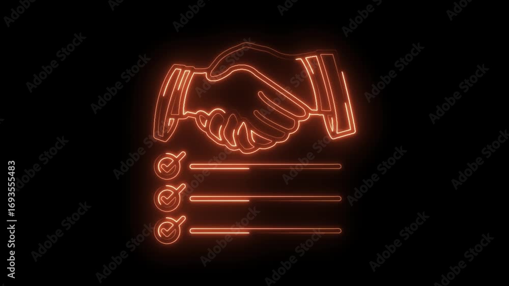 Poster neon handshake with checklist items illustrating business agreement completion and task management c