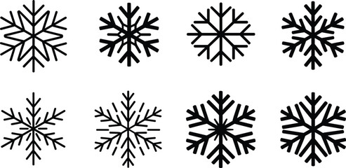 Snowflake icons, winter symbols, cold season graphics, symmetrical snowflakes, black snowflake set, icy patterns, holiday design elements, frozen shapes, decorative flakes, vector snowflakes