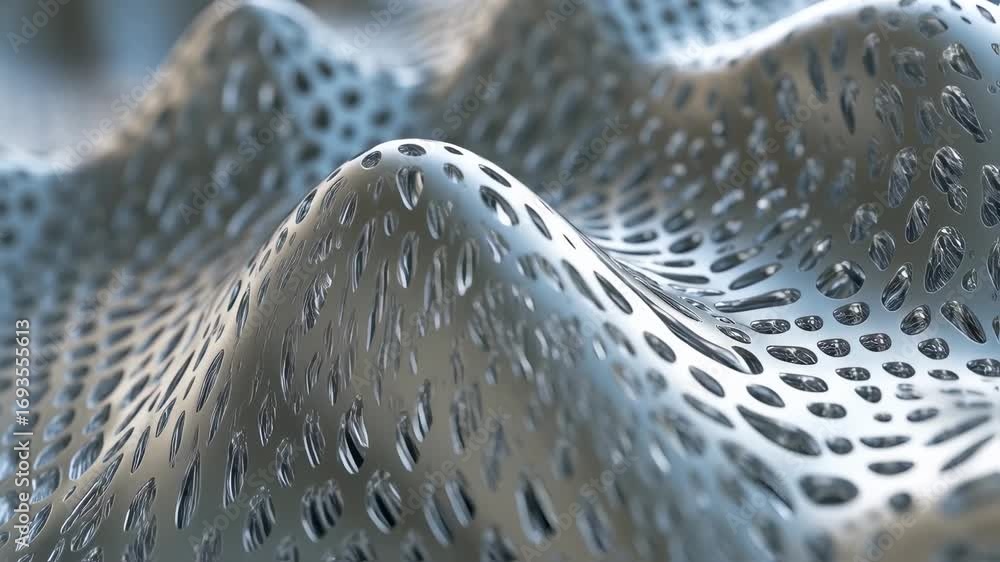 Poster fluid metal wave design with intricate perforation pattern creates abstract forms and movement in
