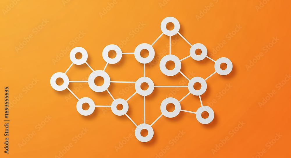 Poster network hub connecting circles representing global communication on orange background