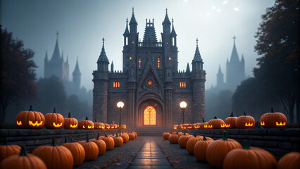 Spooky Halloween castle entrance lined with glowing jack-o'-lanterns on a foggy night pumpkin