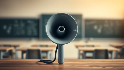 A megaphone sits on a wooden surface, with a softly blurred classroom in the background.