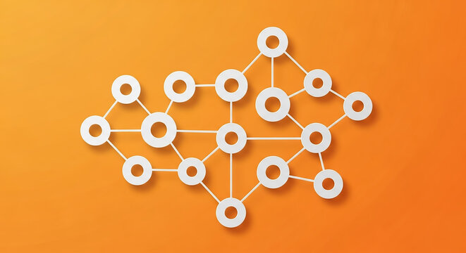 Network hub connecting circles representing global communication on orange background