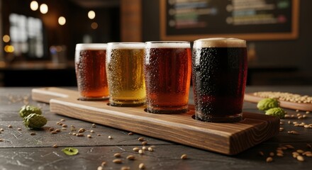 A Tasting Paddle of Craft Beers Showcasing Different Styles and Colors