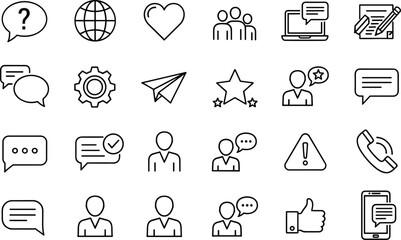technology elements, social media, feedback, interaction, minimal design, digital tools, UI pack, messaging icons, outline style, mobile app graphics, web design assets, editable icons, monochrome set