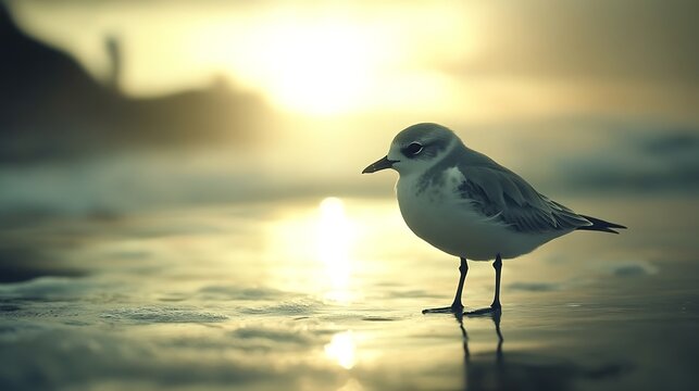 Coastal Sandpiper at Golden Hour A Tranquil Seashore Scene