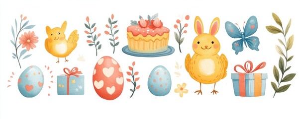 Cute Illustrated Easter Elements Featuring Bunnies, Chicks, Eggs, and Springtime Items