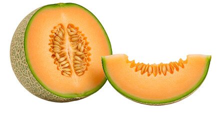 Fresh Cantaloupe Melon Halved and Sliced, Revealing Orange Flesh and Seeds