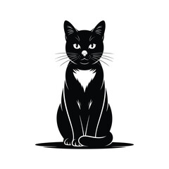Stylized black cat with white chest sitting and looking forward