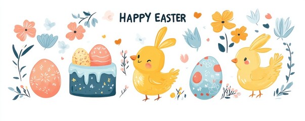 Cute Easter illustration with chicks, eggs, flowers, and a festive theme