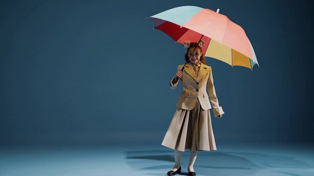 Little Girl in Vintage Formal Dress Floating with Colorful Umbrella Against Plain Blue Studio Background
