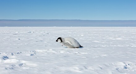 Fototapeta premium An emperor penguin chick slides on its belly across the snow in antarctica on a sunny day