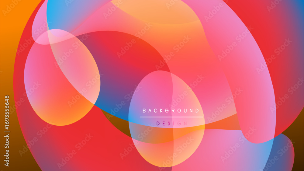 Poster abstract colorful shapes overlap, creating vibrant gradients. background is black, design features t