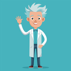 A cartoon scientist with spiky white hair waving his hand on blue background