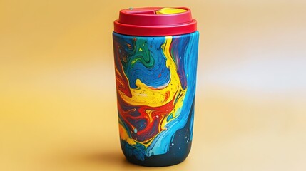 Colorful reusable travel mug with abstract fluid art design on a tan background
