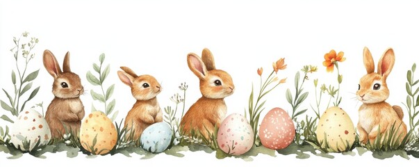 Adorable watercolor bunnies with Easter eggs and floral decorations