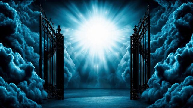 Heaven gate bright light dark clouds sky metal open gothic iron gate glowing eerie blue clouds mysterious halloween banner atmosphere celebration