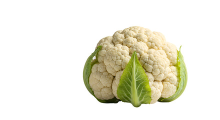 Fresh White Cauliflower Head with Green Leaves on Dark Background