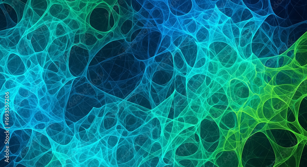 Poster abstract green and blue intertwined fibers creating dynamic network pattern