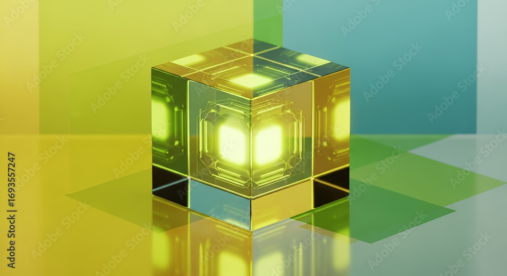 Poster glowing transparent cube illuminating colorful abstract background