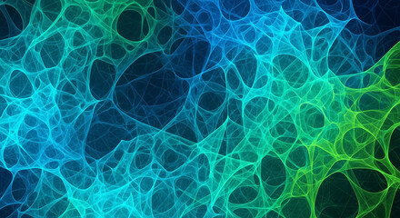 Abstract green and blue intertwined fibers creating dynamic network pattern