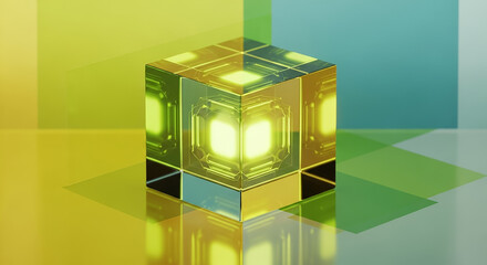 Glowing transparent cube illuminating colorful abstract background