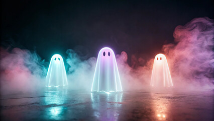 Three glowing neon ghosts surrounded by colorful smoke on a dark textured surface halloween