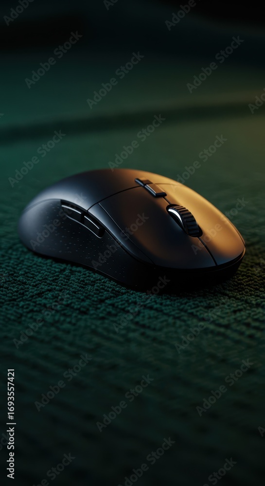 Poster a close-up of a sleek black computer mouse rests on a textured dark green surface, highlighting its 