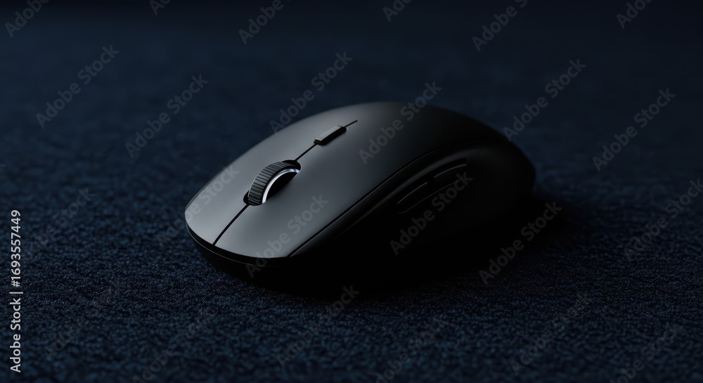 Poster a sophisticated wireless computer mouse rests on a dark textured surface, showcasing sleek design an