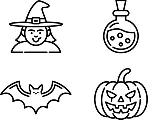 A collection of four simple line art icons representing Halloween themes: a witch, a potion bottle, a bat, and a jack-o'-lantern.