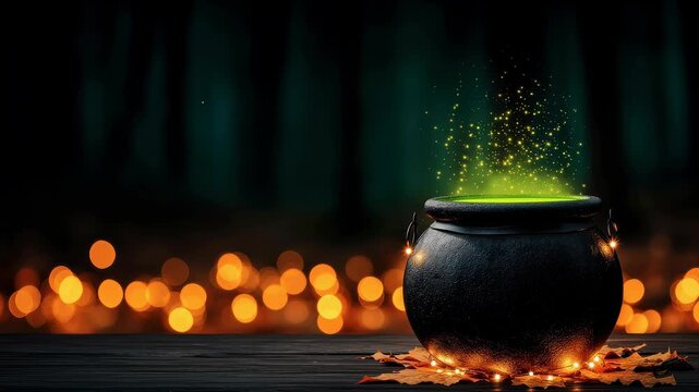 Halloween banner glowing cauldron magical green light sparkles smoke dark wooden table with autumn leaves and warm orange bokeh lights creating