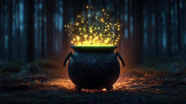 Magical glowing cauldron in dark forest with sparkling light effects creating mysterious Halloween banner for spooky celebration at night