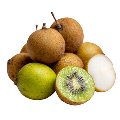 Fototapeta premium Harvesting exotic fruits fresh kiwi and sapodilla kitchen table culinary photography natural light close-up healthy eating