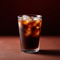 Refreshing cold glass of iced cola beverage with ice cubes on a dark background, close-up shot captu condensation and rich dark color