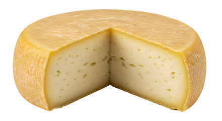 Delicious Artisanal Cheese Wheel with a Cut Wedge on a Simple Background