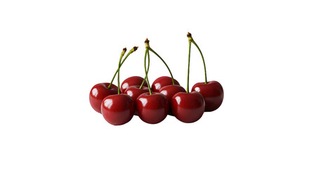 Vibrant Red Cherries with Green Stems Clustered on a Table