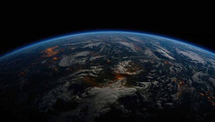 Obraz premium Earth from space showcasing illuminated cities and a clear atmosphere against a dark background
