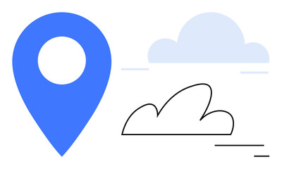 Blue location pin next to simple cloud shapes in clean design. Ideal for navigation, mapping, travel, geolocation, weather, minimal design, simple landing page