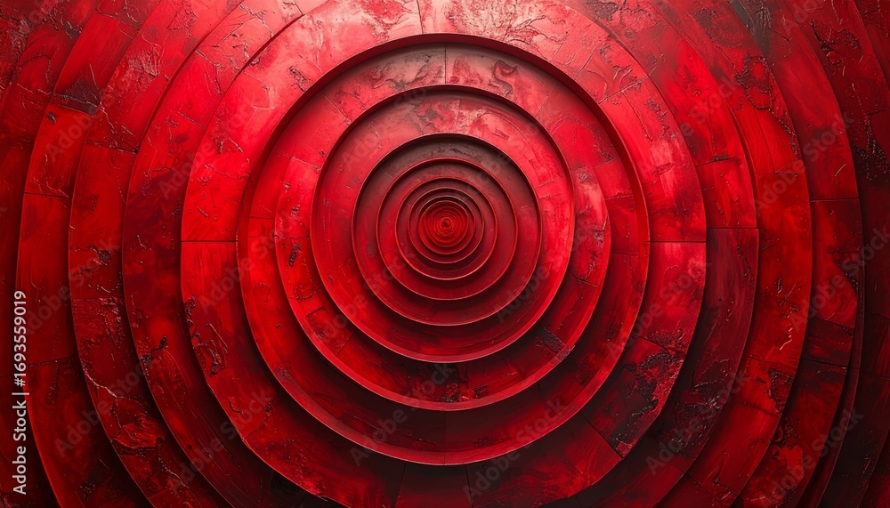 Poster vortex of light red wooden texture with psychedelic swirling concentric circles and a vibrant red ba