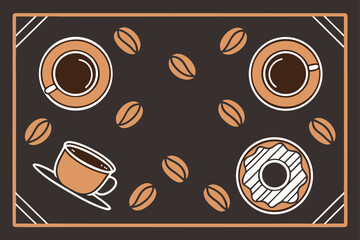 Coffee break with cups donut and coffee beans on dark background
