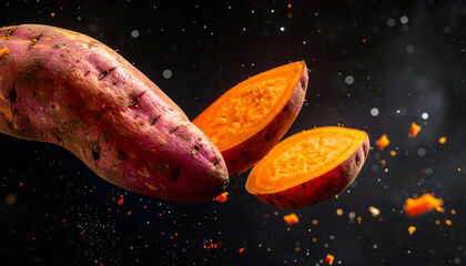 Dynamic sweet potato slices and chunks floating against a dark background